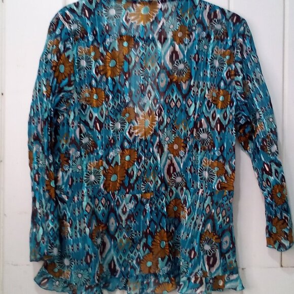 Kim Rogers Blouse Women L 3/4 Sleeve Simi Sheer Ruffle Open Tie Front Teal Brown - Picture 11 of 16